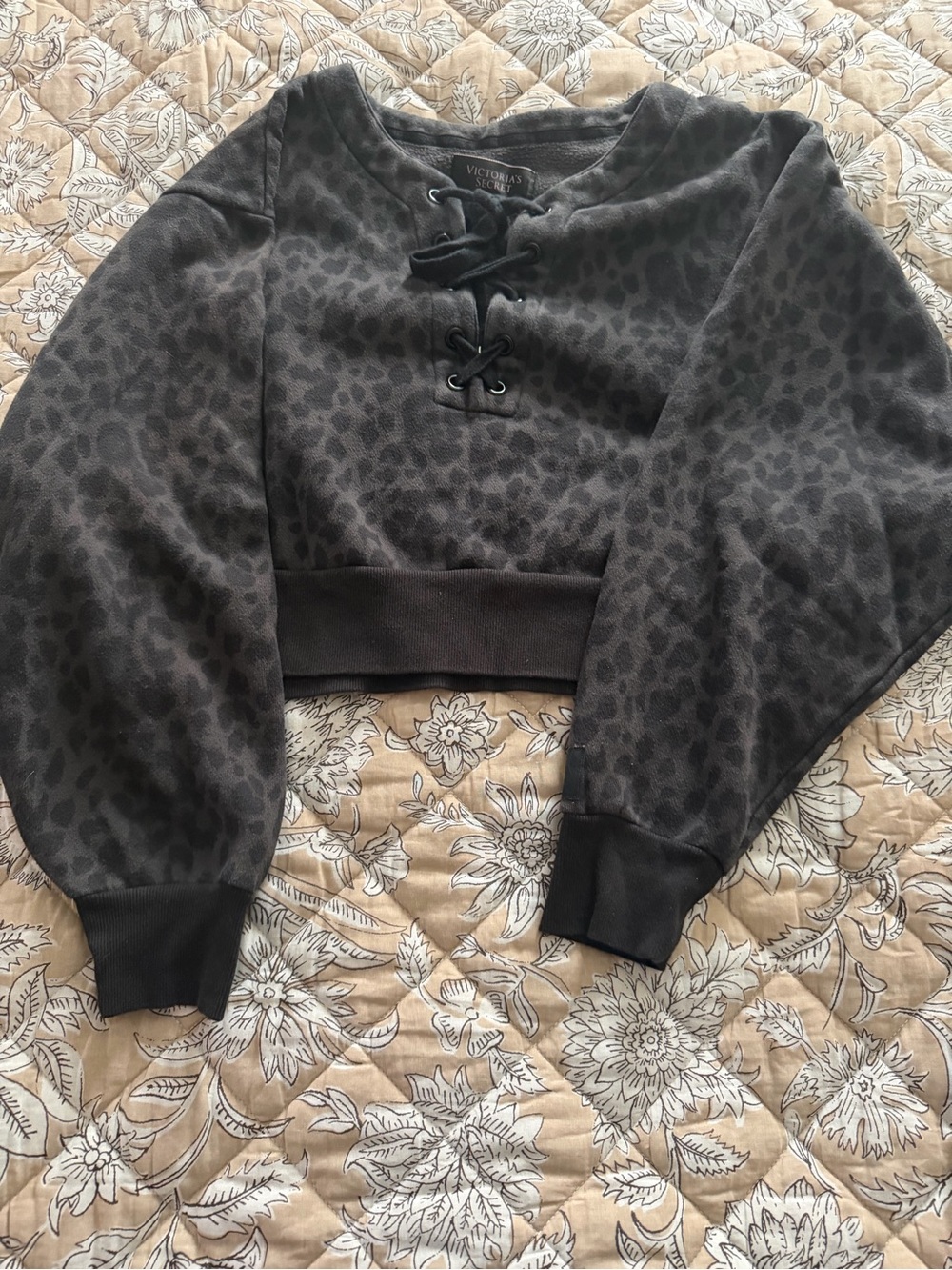 Victoria's Secret Dark Gray Leopard Lace-Up Cropped Sweater